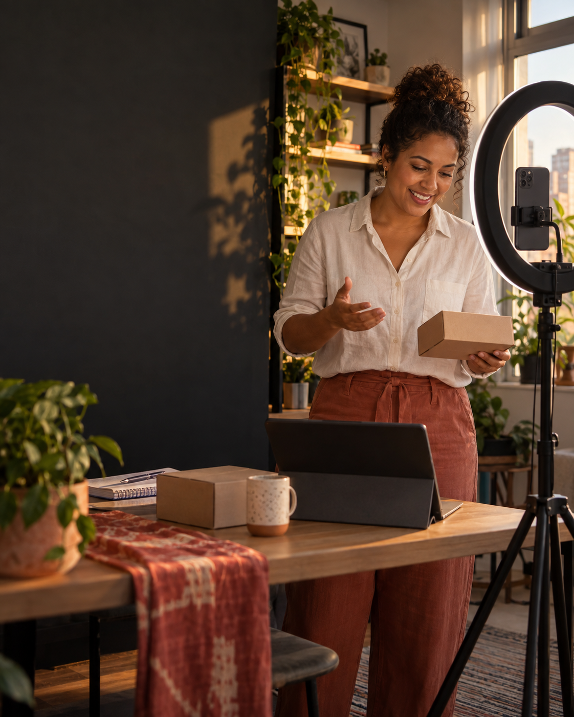 Empreendedora brasileira preparando uma live de produto com celular, ring light e computador